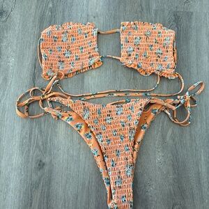 Zara Orange Floral Smocked Bandeau Bikini